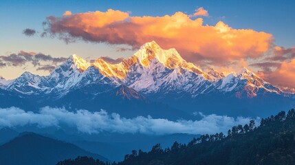 Stunning mountain range at sunrise with colorful clouds.