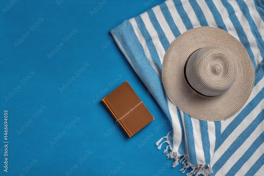 Poster sunbathing essentials featuring a beach towel, straw hat, and a book on a vibrant blue backdrop duri