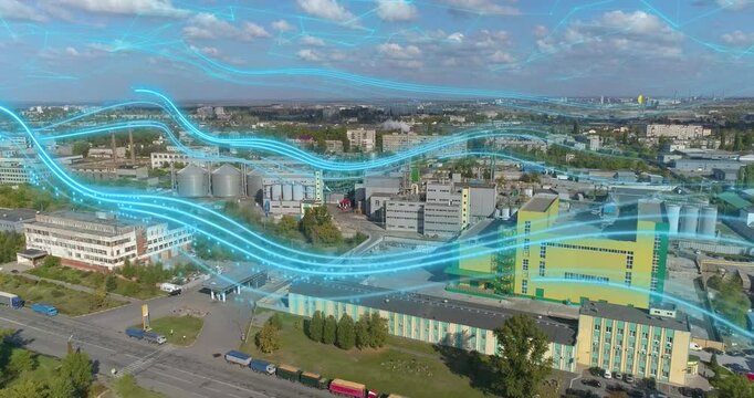 Smart industry concept. Food processing plant aerial view. Food processing plant. Smart food processing plant.