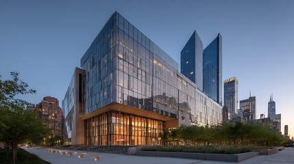 A large building with a glass facade sits in front of a city skyline