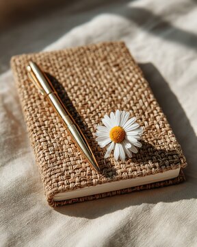 intuition calm purpose mindful living intention inner reflection A stylish notebook with a golden pen and a daisy on a soft surface, perfect for capturing ideas and inspirations.