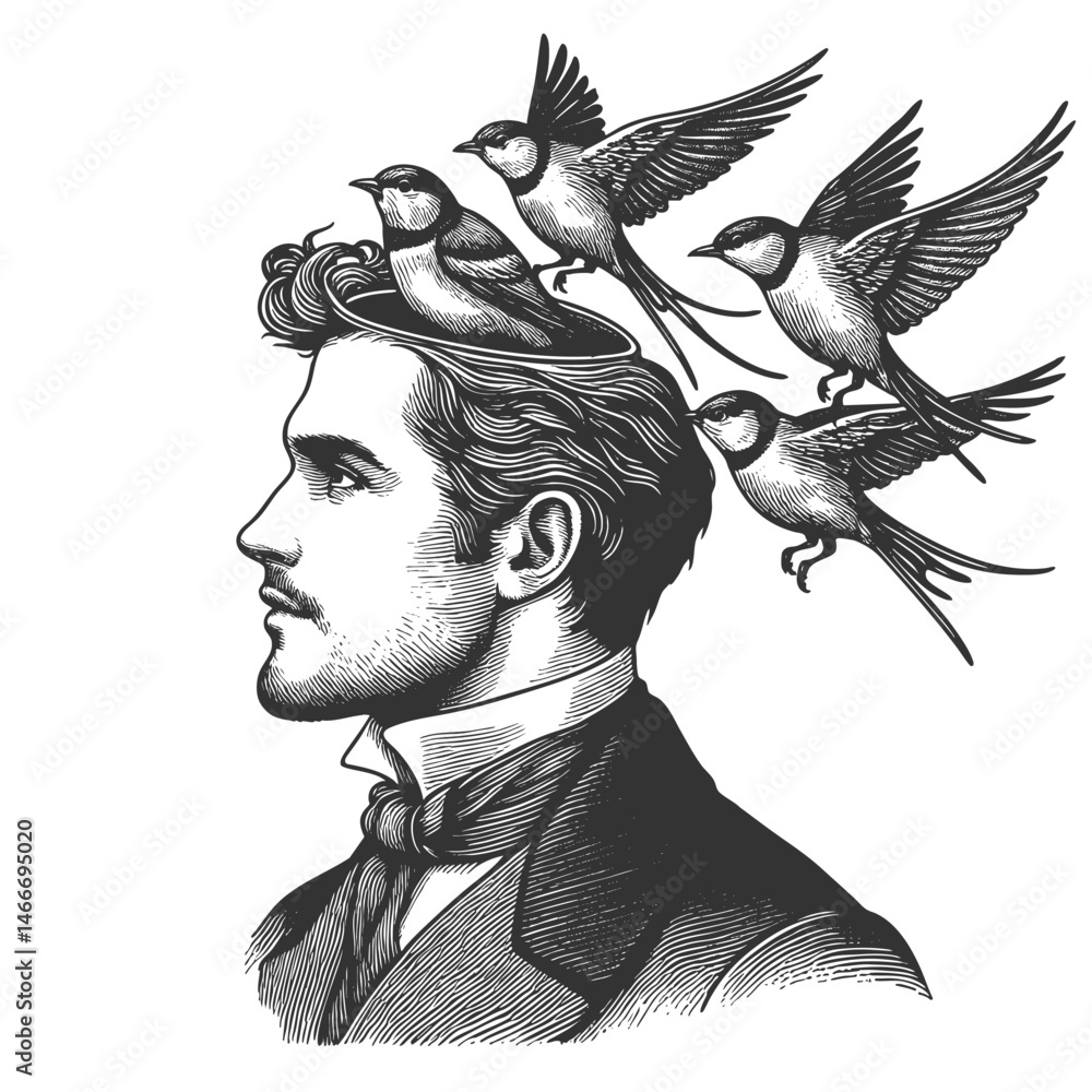 Poster man in formal attire with an open head, from which birds are flying, symbolizing creativity and imag