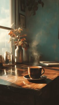 intuition calm purpose mindful living intention inner reflection A steaming cup of coffee on a wooden table, surrounded by cozy decor and soft sunlight, perfect for a relaxing moment.