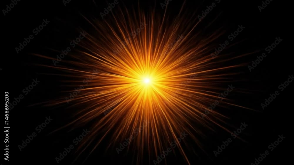 Poster a dynamic and abstract animation featuring bright golden and yellow light rays shooting outwards fro