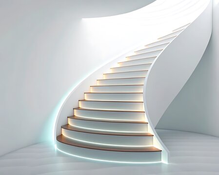Modern architectural interior design with illuminated curved staircase and elegant white walls in a bright space of 180 degrees