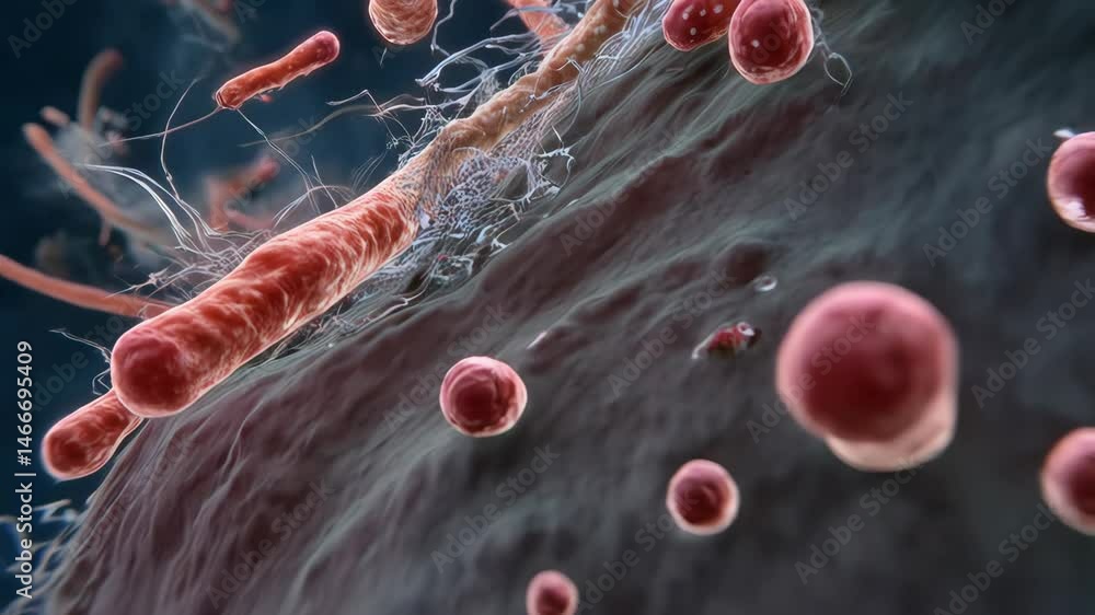 Poster visualization of rod-shaped and spherical bacteria with flagella, creating an up-close, detailed vie
