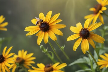 Obraz premium A honeybee in flight above a vibrant black-eyed susan , summer, sunlight, garden