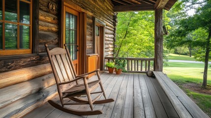 Obraz premium Outdoor porch with a rustic rocking chair and wood surroundings