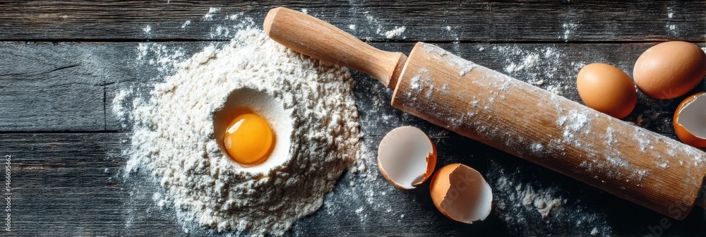 Poster Creating a Delightful Dough With Flour, Eggs, and a Rolling Pin on a Rustic Wooden Countertop Generative AI