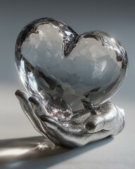 intuition calm purpose mindful living intention inner reflection A delicate glass heart cradled in a shiny metallic hand, symbolizing love and care in a unique artistic representation.
