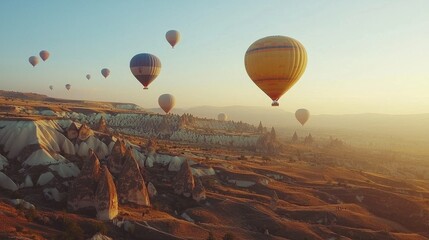 Naklejka premium Sunrise hot air balloons over a stunning landscape.