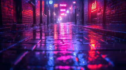 Rain-soaked alley at night with neon pink and purple reflections