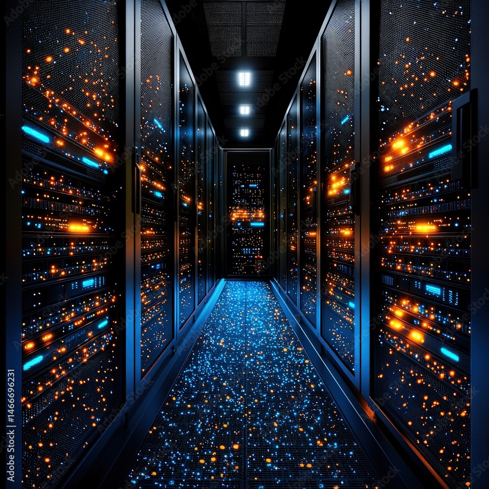 Poster spacious server room featuring numerous high-performance servers for enhanced network operations