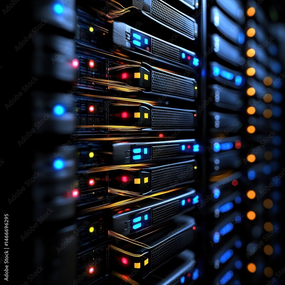 Poster high-capacity server rack showcasing a variety of servers for comprehensive data management solution
