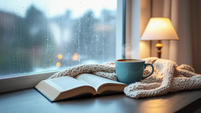 Starker Regen rinnt das Fenster hinunter w&auml;hrend es drinnen bei einer Tasse Tee und einem Buch warm und gem&uuml;tlich ist.