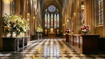 Obraz premium Grand cathedral interior, ornate details highlighted by sunlight filtering through stained glass, floral arrangements adding elegance, checkerboard marble flooring framing the space 