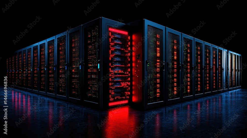 Poster high-tech server room filled with multiple racks of servers and brightly lit network equipment