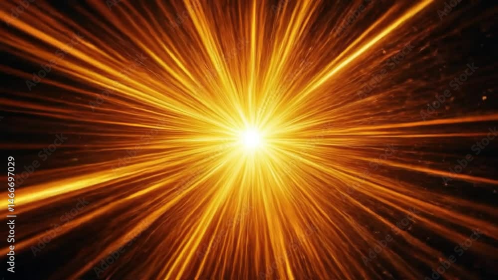 Poster a dynamic and abstract animation featuring bright golden and yellow light rays shooting outwards fro