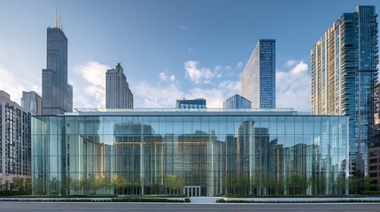 A large building with a glass facade sits in front of a city skyline
