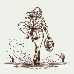 Cowgirl Walking through dust. Western cowgirl Outline Clipart line art doodle vector illustration. Horseback rider trekking via arid terrain raising earth powder cloud behind.