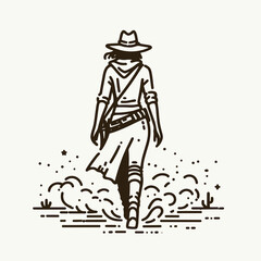 Cowgirl Walking through dust. Western cowgirl Outline Clipart line art doodle vector illustration. Lone rancher saunter amid earth fine particle country theme vibe.