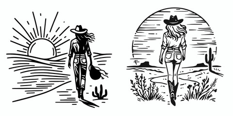 Cowgirl Walking into the sunset. Western cowgirl Outline Clipart line art doodle vector illustration. Female rancher sauntering toward sundown rural vista golden hour glow.