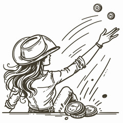 Cowgirl Tossing coin. Western cowgirl Outline Clipart line art doodle vector illustration. woman flipping currency ranch attire with money token throw.