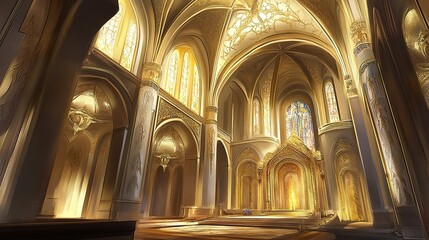Fototapeta premium Grand cathedral interior, soaring arches adorned with ornate gold accents, intricate carvings and lavish decor bathed in warm light, wide-angle shot captures divine elegance. 