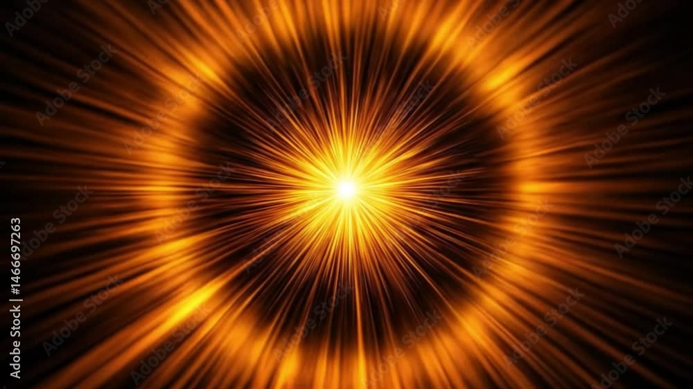 Poster A dynamic and abstract animation featuring bright golden and yellow light rays shooting outwards from a central point of intense light. The rays move rapidly, creating a sense of energy and speed, 
