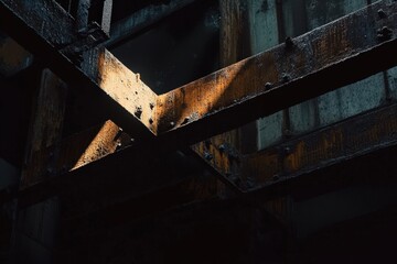 Rusty metal beams intersecting in dark industrial space.