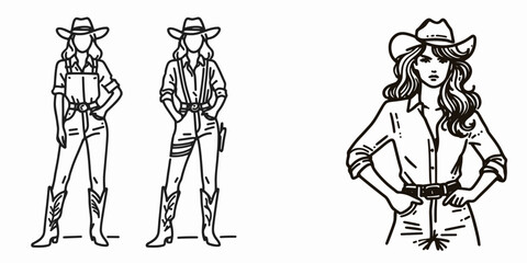 Cowgirl Standing with hands on hips. Western cowgirl Outline Clipart line art doodle vector illustration. Ranch woman posing arms akimbo vogue country persona equilibrium.