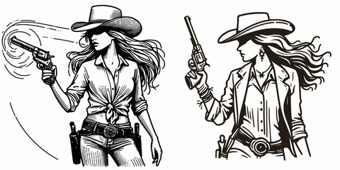 Cowgirl Spinning revolver. Western cowgirl Outline Clipart line art doodle vector illustration. woman twirling handgun firearm rotation trick pistol action figure.