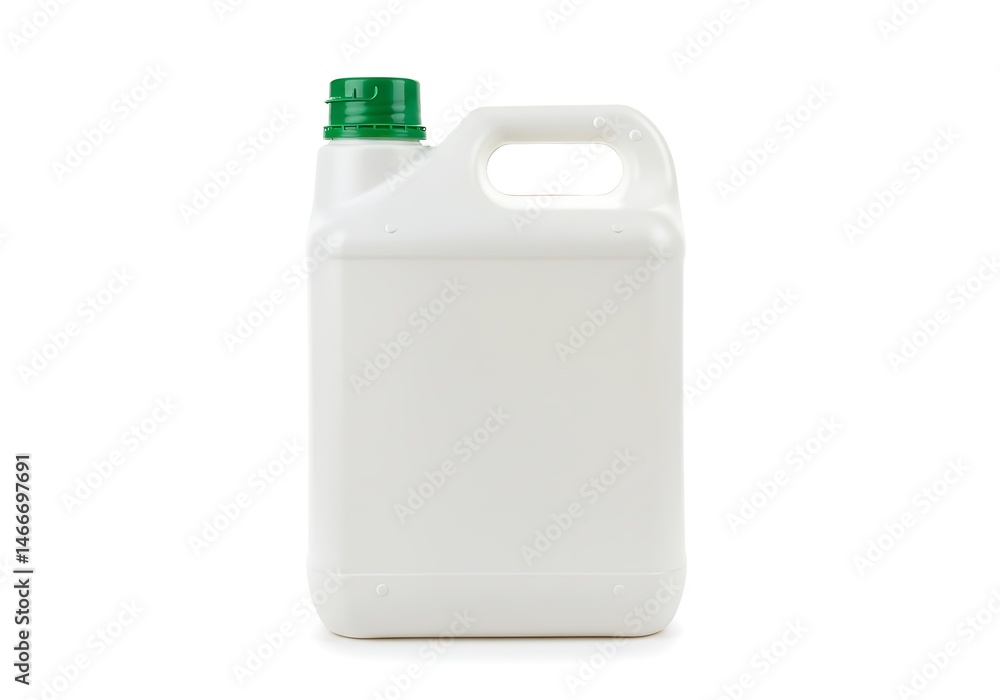 Poster a white plastic container with a handle and a green cap isolated on a white background in studio lig