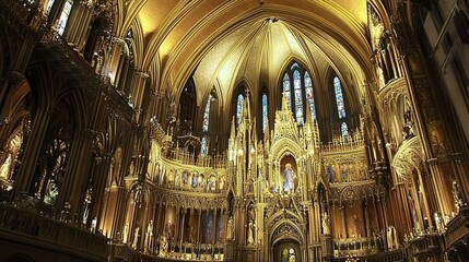 Grand cathedral with gold-accented decor, intricate carvings on vaulted ceilings, warm light from stained glass illuminates its opulent beauty, wide-angle framing emphasizes majesty. 
