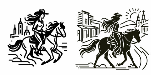 Fototapeta premium Cowgirl Riding into town. Western cowgirl Outline Clipart line art doodle vector illustration. female astride entering hamlet a frontier arrival rural adventure.
