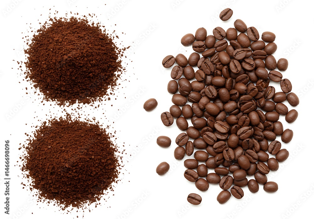 Poster a top view of piles of coffee grounds and coffee beans on a white background in horizontal format