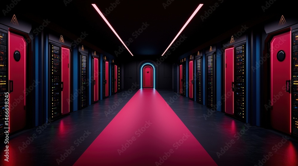 Poster long corridor filled with rows of computer servers reflecting a high-tech environment for data manag
