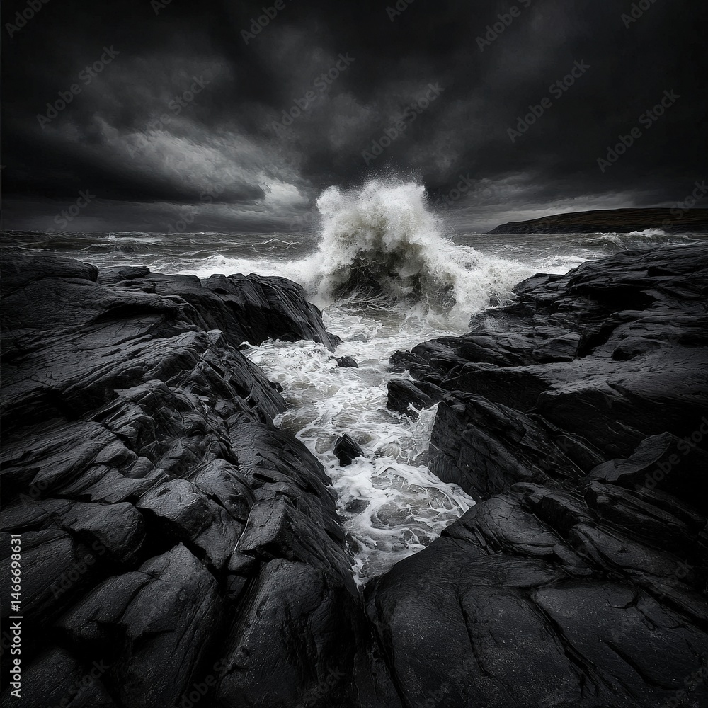 Poster powerful wave crashing over jagged rocks creating splashes and foam against the rugged shoreline