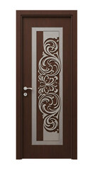 Interior Door Design Elegant Brown Wood Door with Silver Floral Etched Glass on white background