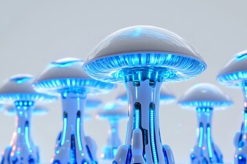 3D Glowing Robotic Mushroom Forest Isolated