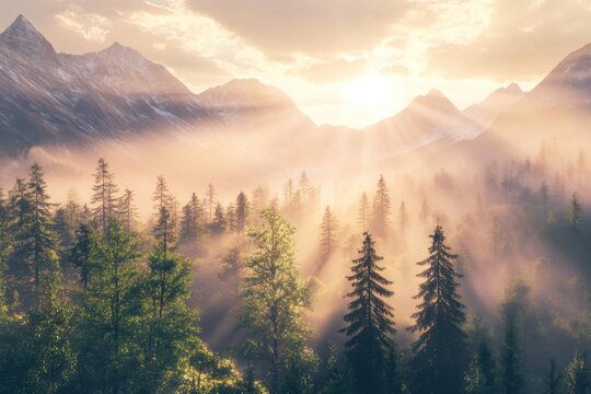 A misty mountain landscape with a forest of pine trees and a bright sun shining through the clouds above it