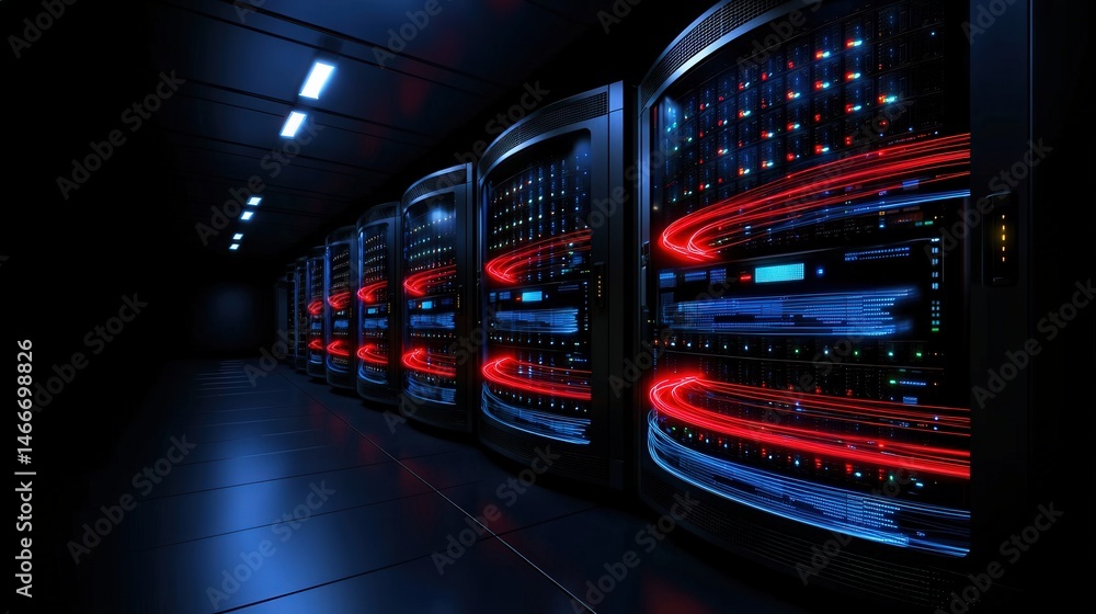 Poster advanced server room featuring multiple high-density servers and networking equipment for data proce