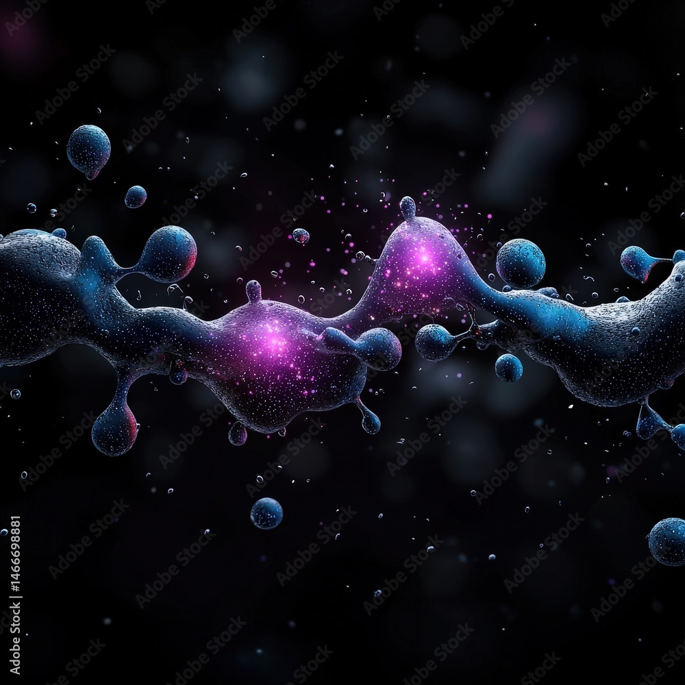 Poster scientific representation of a group of molecules interacting to form complex structures and bonds