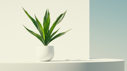 A white vase holds a green plant on a white pedestal against a light blue wall.