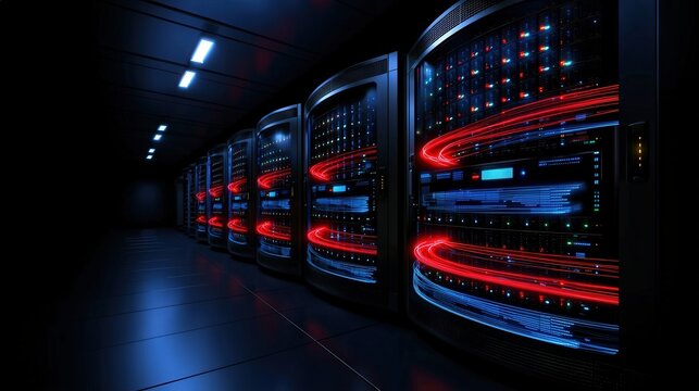 Advanced server room featuring multiple high-density servers and networking equipment for data processing