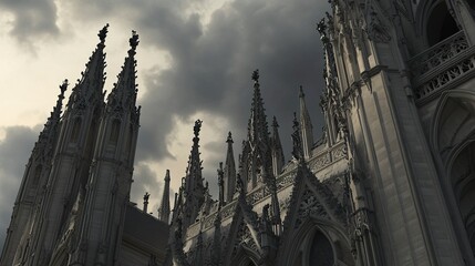 Grand Gothic cathedral, intricate spires piercing through gray clouds, detailed stone facade glowing faintly under soft light, centered wide-angle view 