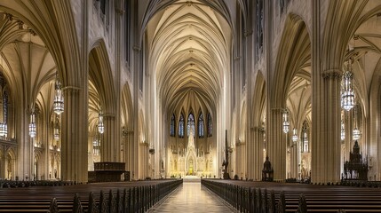 Fototapeta premium Grand Gothic cathedral nave, pointed arches rising toward elaborate ribbed vaults, light casting soft shadows on carved stone, wide symmetrical view. 