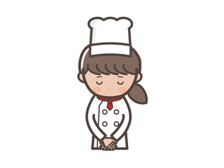 頭を下げて謝る若い女性コックさんの上半身イラスト