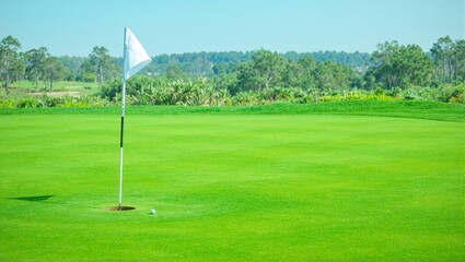 Obraz premium Scenic golf green with ball near hole