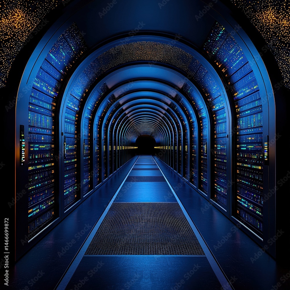 Poster modern tunnel filled with numerous computers and high-tech equipment in a sophisticated layout